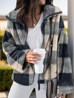 Full size plaid zip up long sleeve jacket, cozy and stylish, featuring a classic plaid pattern and relaxed fit.