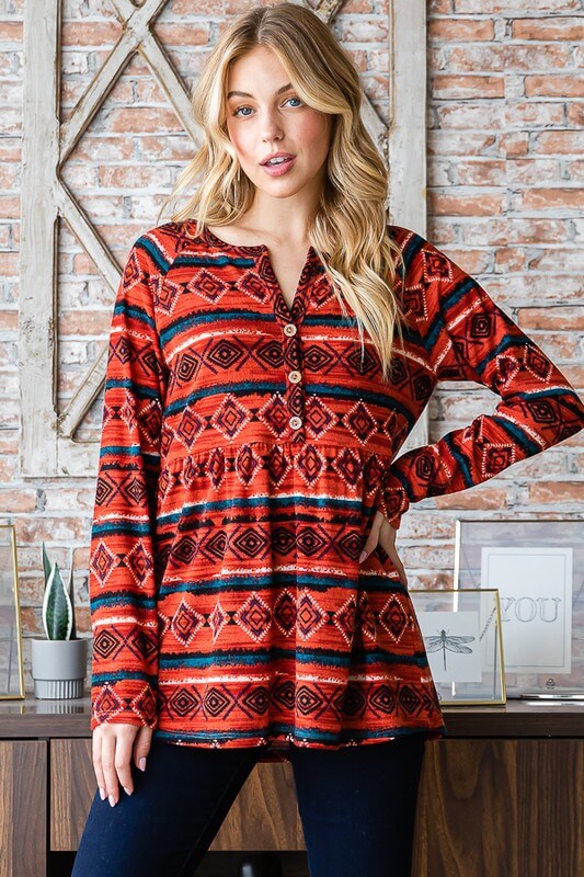 Heimish long sleeve babydoll top with geometric pattern and button details, perfect for stylish casual looks.