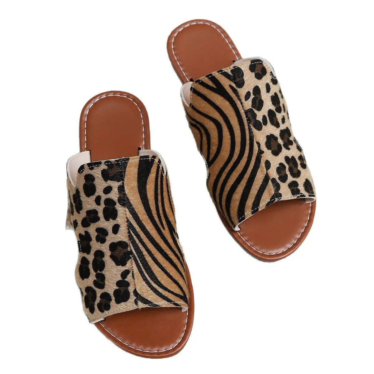 Stylish open toe flats sandals featuring leopard and zebra prints, perfect for summer wear and beach adventures.
