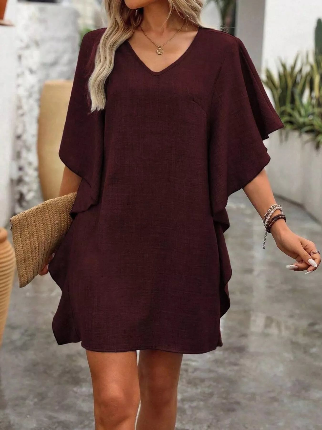Ruffled Flutter Sleeve V-Neck Mini Dress in burgundy color, featuring flutter sleeves and a relaxed fit, perfect for casual wear.