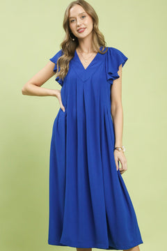 Umgee Ruffle Sleeve V-Neck Midi Dress in royal blue with ruffle cap sleeves and pockets.