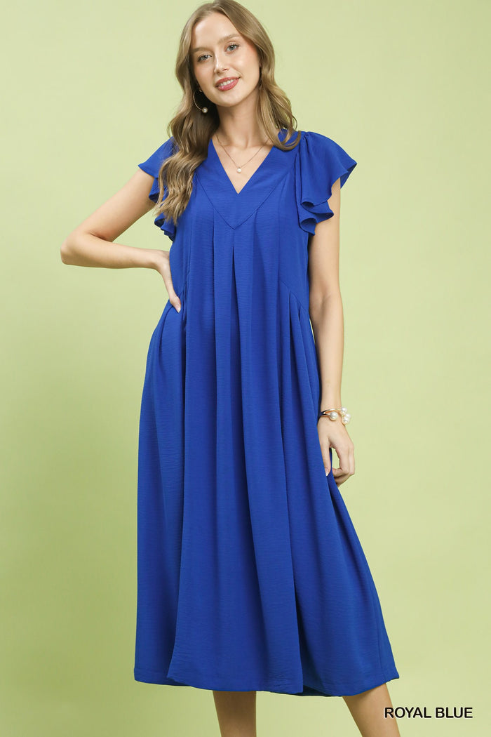 Umgee Ruffle Sleeve V-Neck Midi Dress