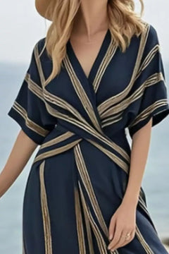 Striped Wrap Half Sleeve Maxi Dress in navy with gold stripes, perfect for summer outings and casual elegance.