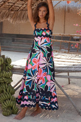 Printed square neck wide strap dress with colorful floral pattern, perfect for summer outings.