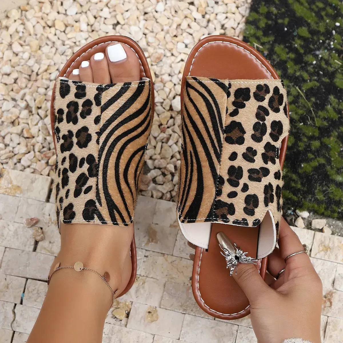 Open toe flats sandals with leopard and zebra prints, perfect for summer adventures and casual outfits.