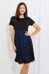 Yelete Full Size Contrasting Lace Midi Dress with black and blue detailing, offering elegance and comfort for any occasion.