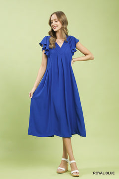 Umgee Ruffle Sleeve V-Neck Midi Dress in royal blue with layered ruffle sleeves and pockets for modern elegance.