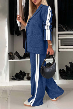 Full size contrast lapel collar top and pants set in blue, featuring stylish stripes and a chic design.