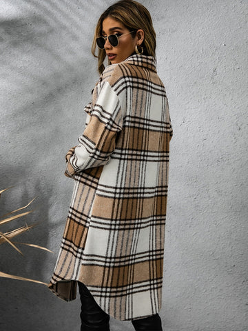 Plaid long sleeve coat with collared neckline