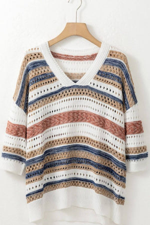 Striped hollow out half sleeve knit top in cream, blue, and rust red, showcasing an openwork stretch design.