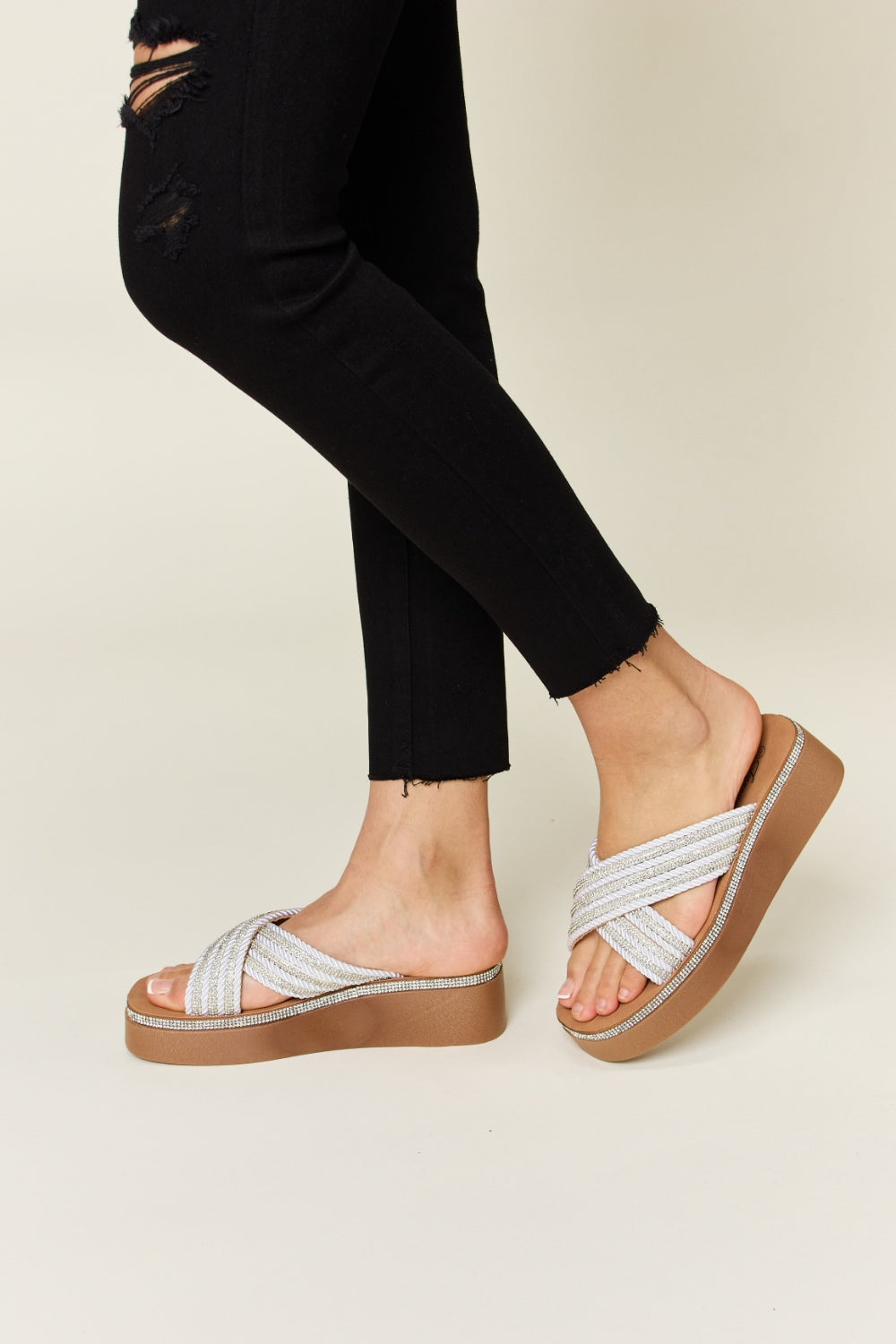 Forever Link Rhinestone Platform Wedge Sandals featuring sparkling straps and trendy platform design for all-day comfort.
