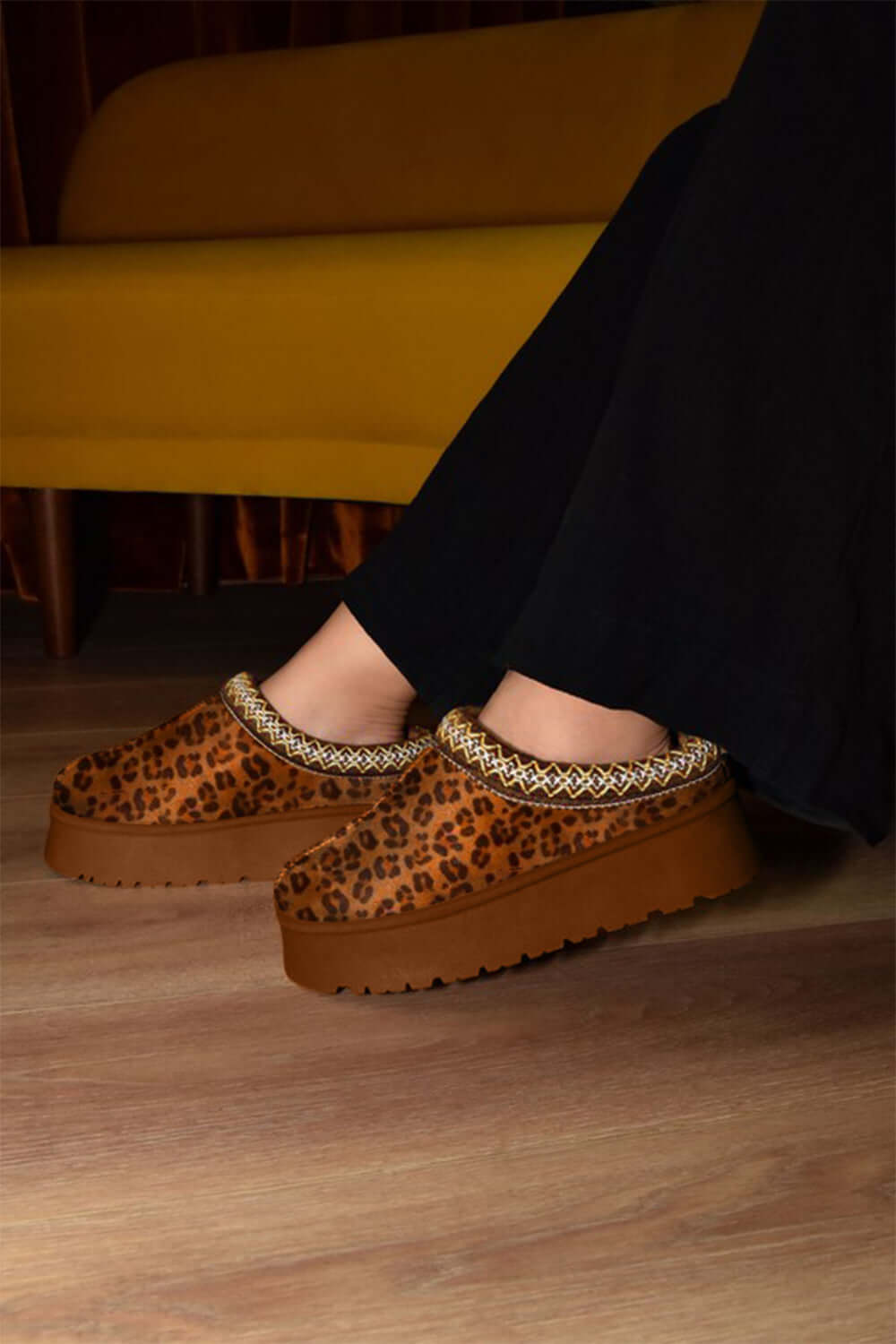 WILD DIVA leopard print embroidered trim platform boots for a stylish bohemian addition to any outfit.