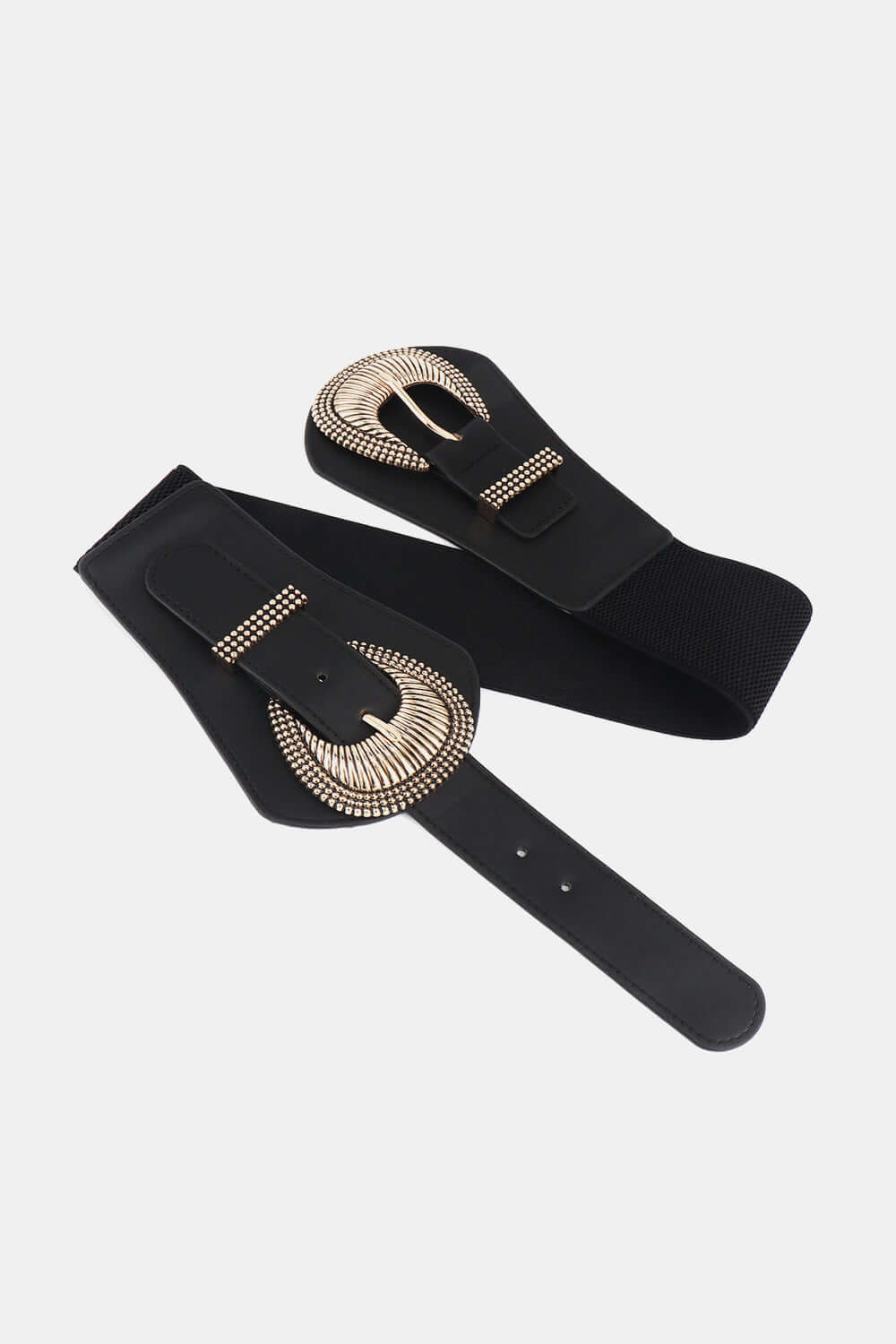 Shell double buckle elastic wide belt made from PU and alloy, stylish accessory measuring 30.7*4 inches.
