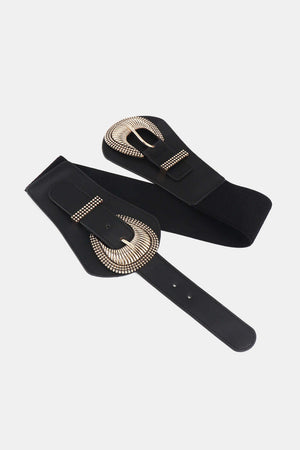 Shell double buckle elastic wide belt made from PU and alloy, stylish accessory measuring 30.7*4 inches.