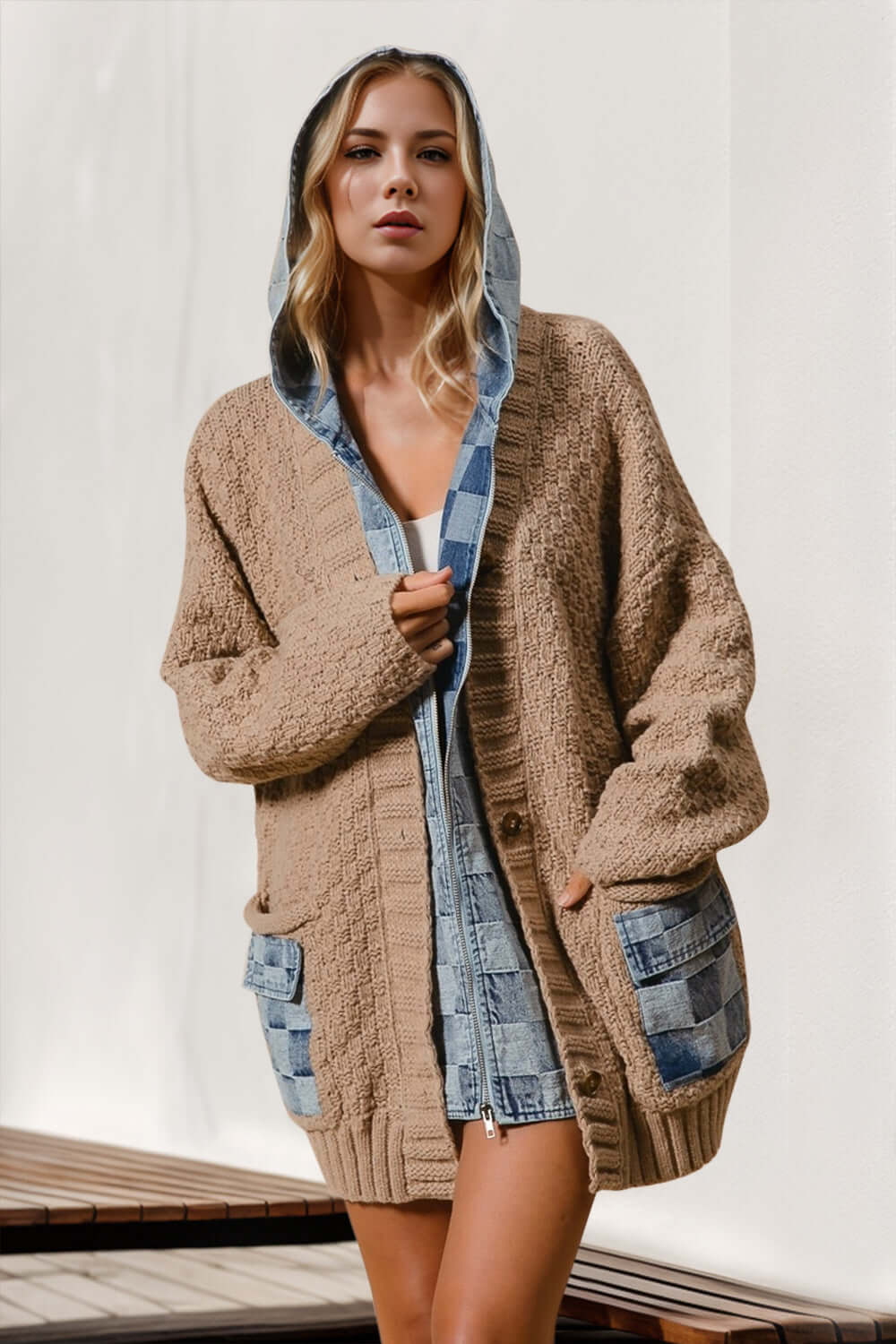 Stylish model wearing a double take full-size hooded denim spliced sweater cardigan with pockets.