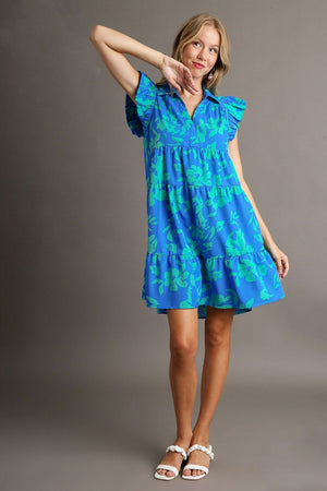 Umgee Plus Size Floral Ruffle Tiered Dress in vibrant blue with cap sleeves and tiered design, perfect for summer styling.