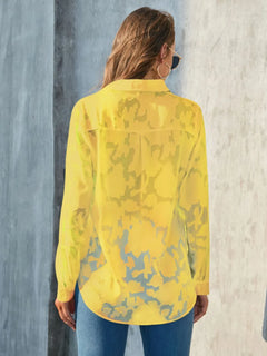 Full Size Collared Neck Long Sleeve Shirt Plus Size in sheer yellow fabric, showcasing the back view.