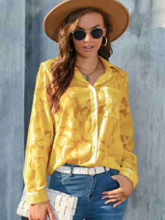 Full Size Collared Neck Long Sleeve Shirt Plus Size in bright yellow, styled with denim and accessories.
