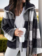 Full Size Plaid Zip Up Long Sleeve Jacket in grey hues, perfect for cozy layering and casual outings.