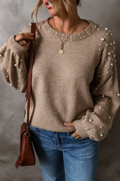 Pearl detail round neck long sleeve sweater, stylish and slightly stretchy, pairs perfectly with casual jeans.