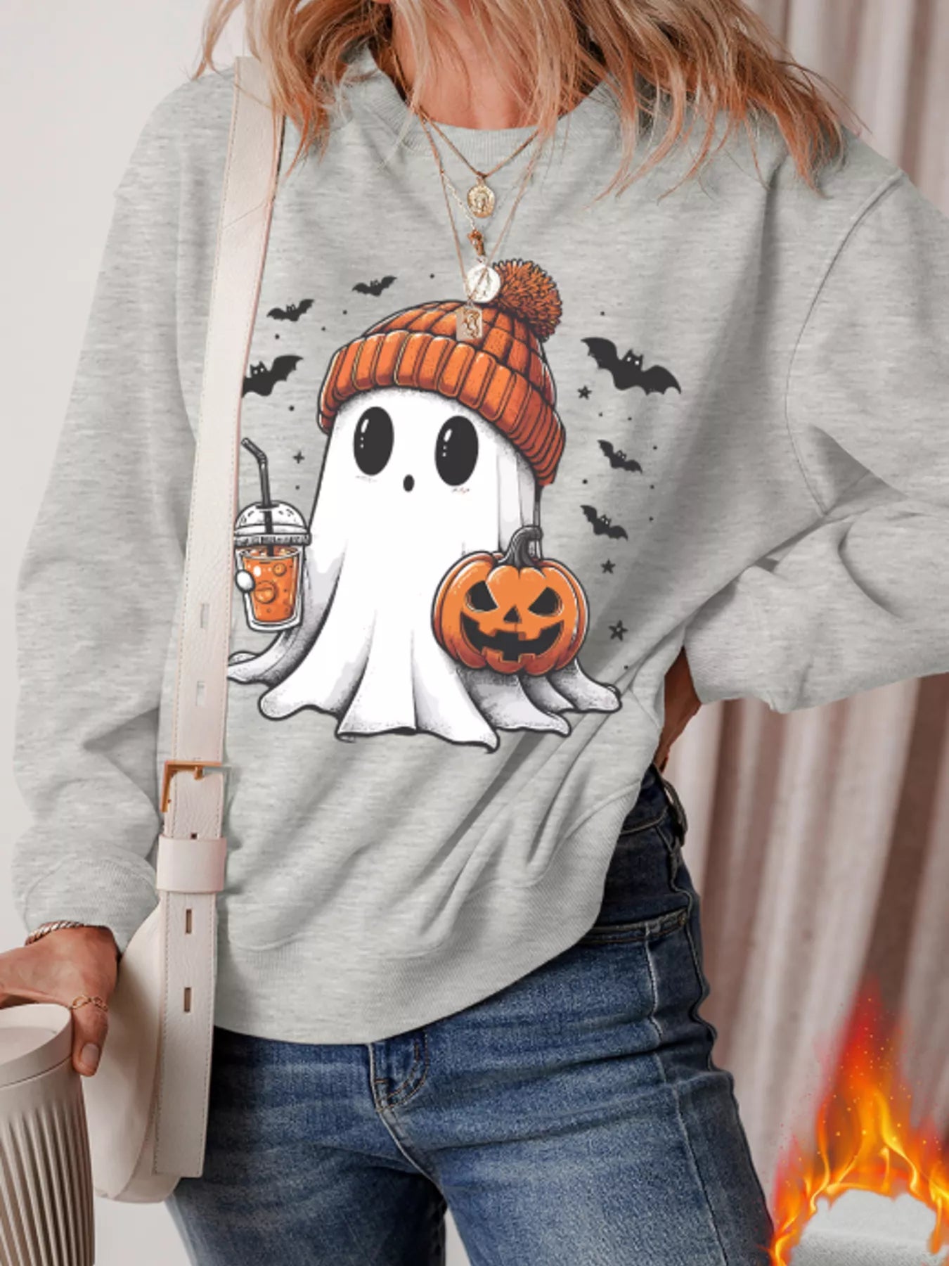 Halloween ghost round neck sweatshirt with cute graphics, perfect for festive style and comfort.