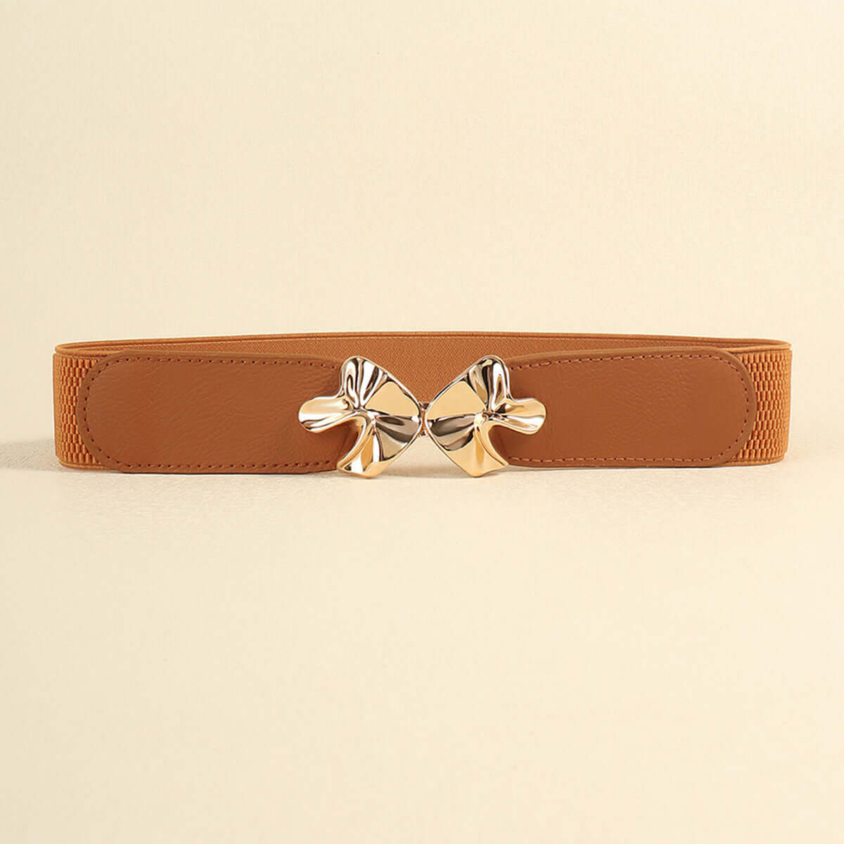 Stylish alloy buckle elastic belt in tan PU material, 23.6 inches long and 2.4 inches wide, perfect for versatile outfits.