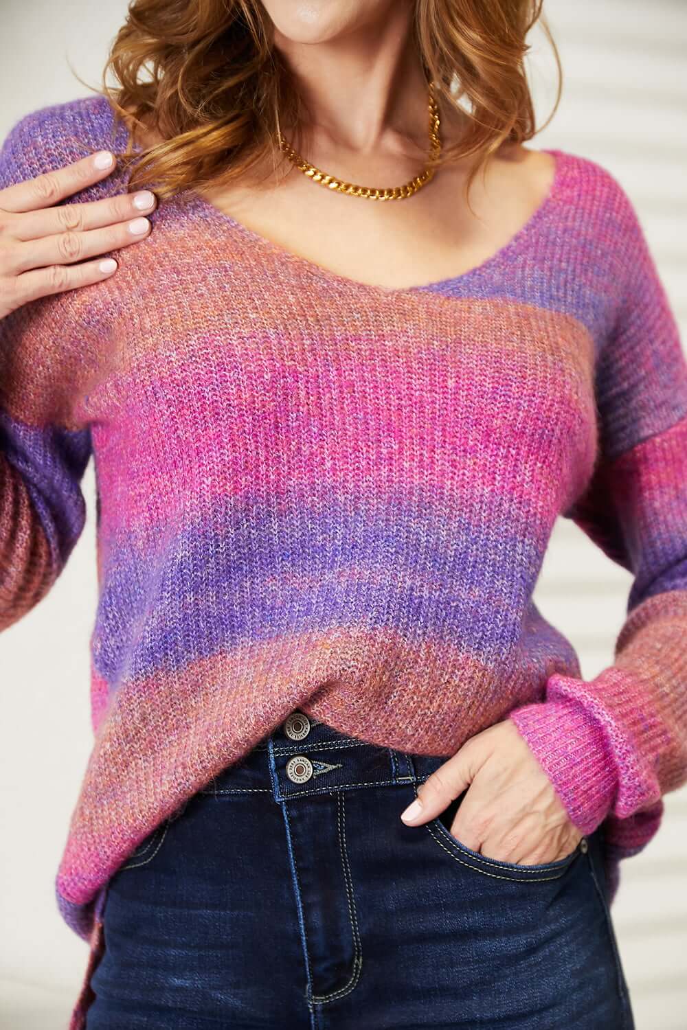 Angel Wings Multicolored Rib-Knit V-Neck Knit Pullover featuring a relaxed fit and vibrant colors.