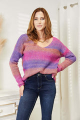 Angel Wings Multicolored Rib-Knit V-Neck Knit Pullover displayed on model in vibrant colors with relaxed fit.