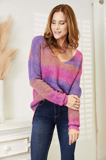 Angel Wings Multicolored Rib-Knit V-Neck Knit Pullover worn by a model with long sleeves and a casual look.