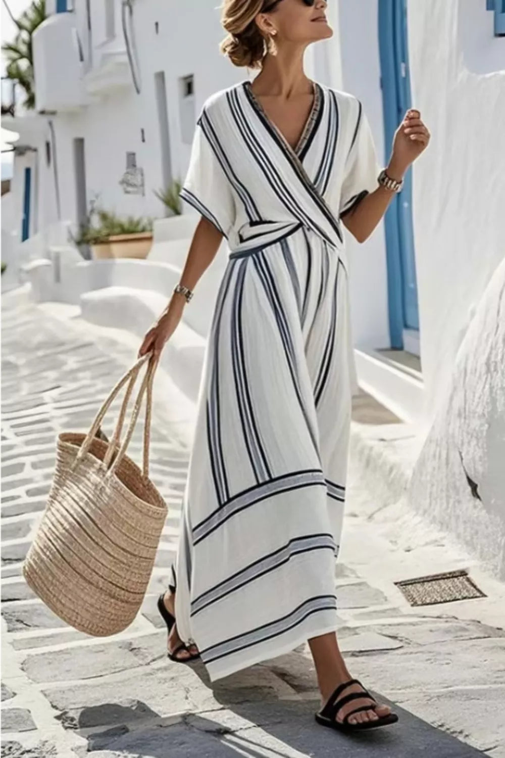 Stylish model wearing a Striped Wrap Half Sleeve Maxi Dress with a straw bag, showcasing trendy summer fashion.