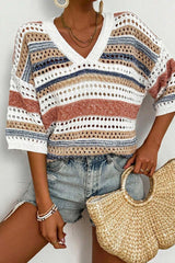 Striped hollow-out half sleeve knit top, featuring openwork design and soft polyester material.