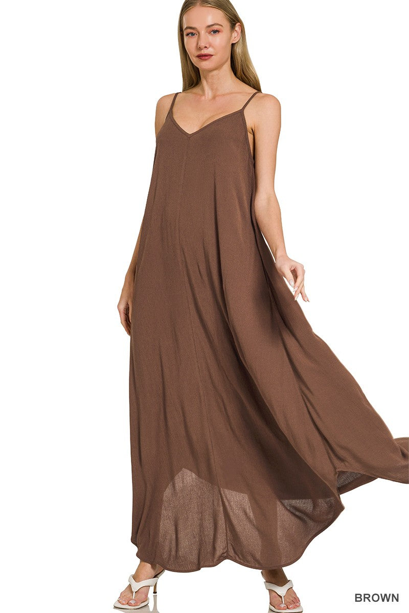 Zenana Woven Crinkle Cami Maxi Dress with Side Pockets in brown, featuring a flowy silhouette and stylish side pockets.