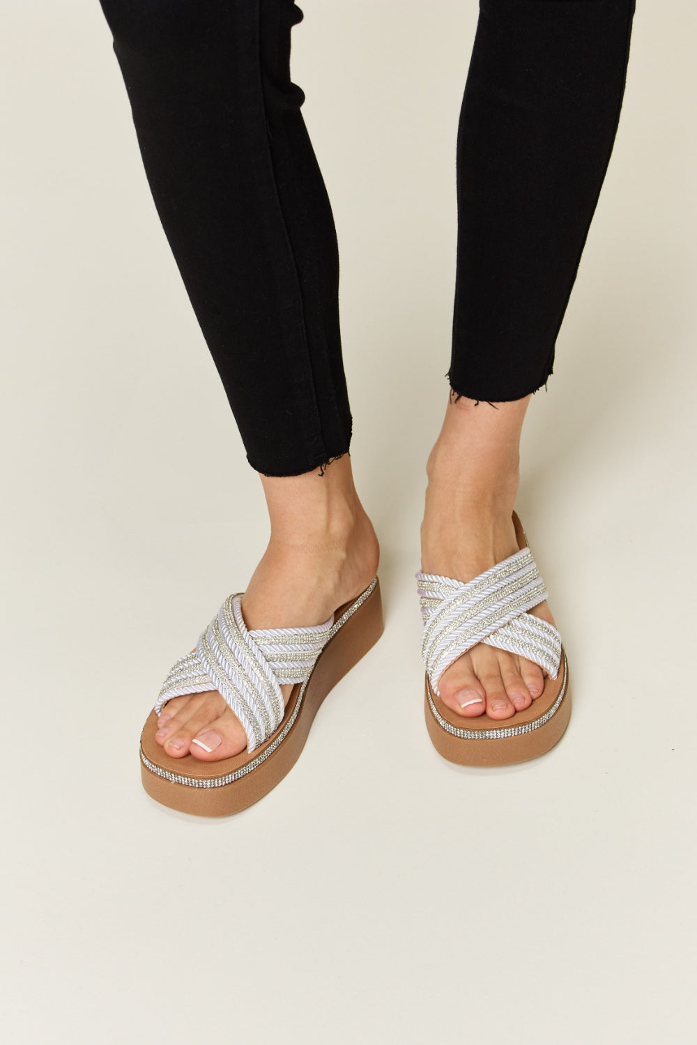 Stylish Forever Link Rhinestone Platform Wedge Sandals with a trendy design and sparkling straps for glamour and comfort.