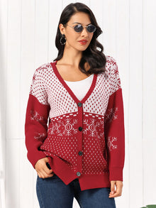 Snowflake Button Down Cardigan in red with snowflake pattern, stylish and comfortable for winter wear.
