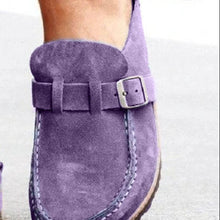 Stylish purple round toe low heel loafers with buckle detail, perfect for casual outings.