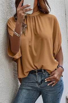 Tie Back Slit Half Sleeve Blouse in a trendy tan color, featuring a relaxed fit and elegant design.