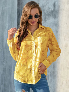 Full Size Collared Neck Long Sleeve Shirt Plus Size in yellow sheer fabric, featuring a pocket and stylish design.