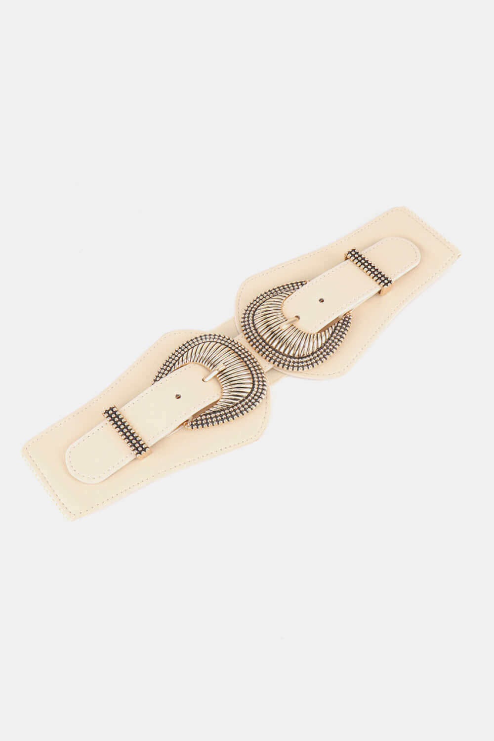 Shell double buckle elastic wide belt made of PU and alloy, measuring 30.7x4 inches, perfect for stylish outfits.
