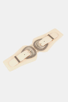Shell double buckle elastic wide belt made of PU and alloy, measuring 30.7x4 inches, perfect for stylish outfits.