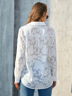 Full Size Collared Neck Long Sleeve Shirt Plus Size in semi-sheer white fabric, illustrated from the back.