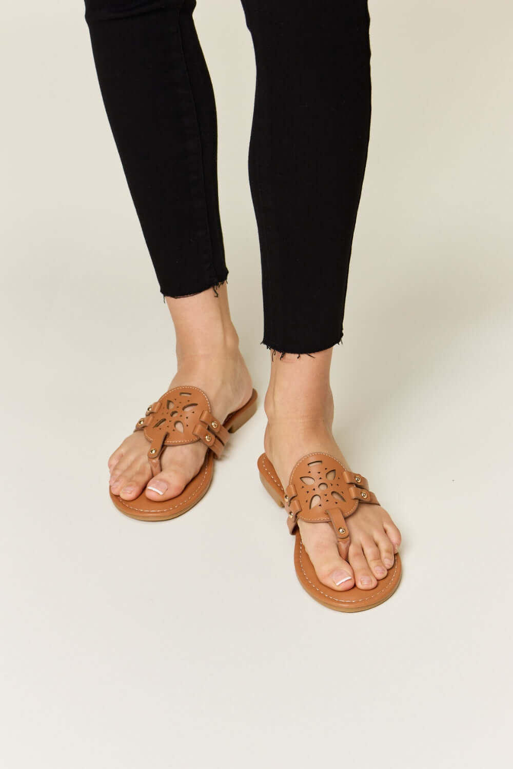 Stylish Forever Link Cutout PU Leather Open Toe Sandals in tan, perfect for everyday wear and adding a chic touch to outfits.