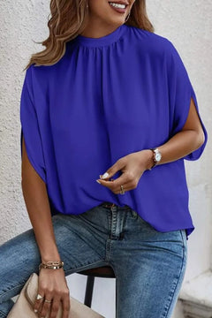 Tie Back Slit Half Sleeve Blouse in vibrant purple, perfect for casual outings and stylish summer wear.