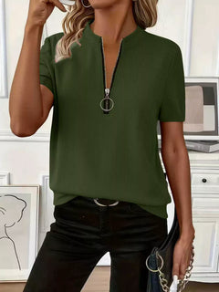 Half Zip Short Sleeve Top in green, featuring a ribbed texture and zipper, perfect for casual wear.