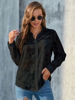 Full Size Collared Neck Long Sleeve Shirt Plus Size in black with pocket, model wearing sunglasses.