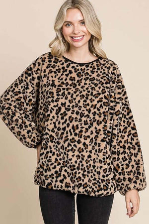 Leopard faux fur round neck top featuring a stylish print and cozy design, perfect for an edgy chic look.