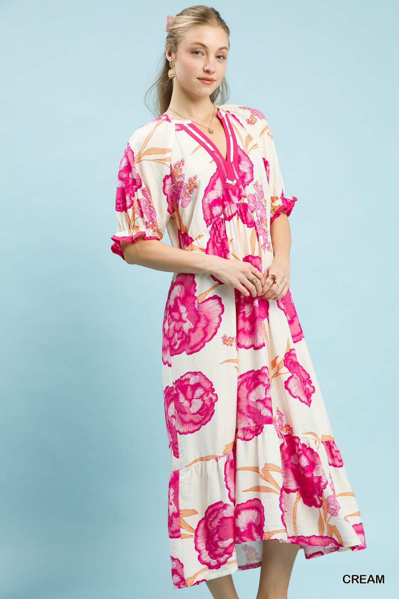 Umgee Floral Print Midi Dress with Contrast Trim featuring bright pink flowers on a cream background.