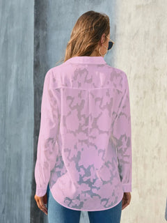Full Size Collared Neck Long Sleeve Shirt Plus Size in pink sheer fabric, showcasing back design and casual style.