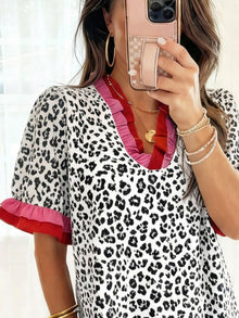 Leopard Print Frill Short Sleeve Blouse
