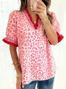Leopard Print Frill Short Sleeve Blouse