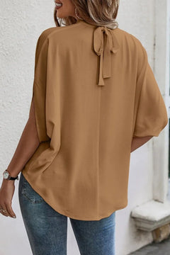 Tie Back Slit Half Sleeve Blouse in a stylish brown color, featuring a tied back design and loose fit.